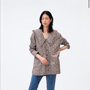 GANNI PRINTED COTTON POPLIN V-NECK FRILL COLLAR WIDE SHIRT